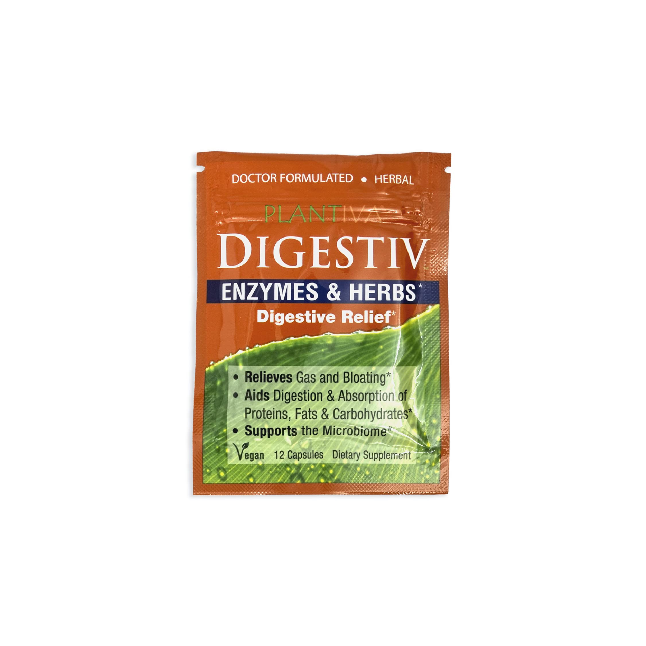 Plantiva Digestiv Herbs & Enzymes Supplement Blend Supports Natural Digestive Health, Relieves Gas, Bloating, Discomfort & Microbiome Balance - Vegan, Plant-Based - 12 Capsule Packet