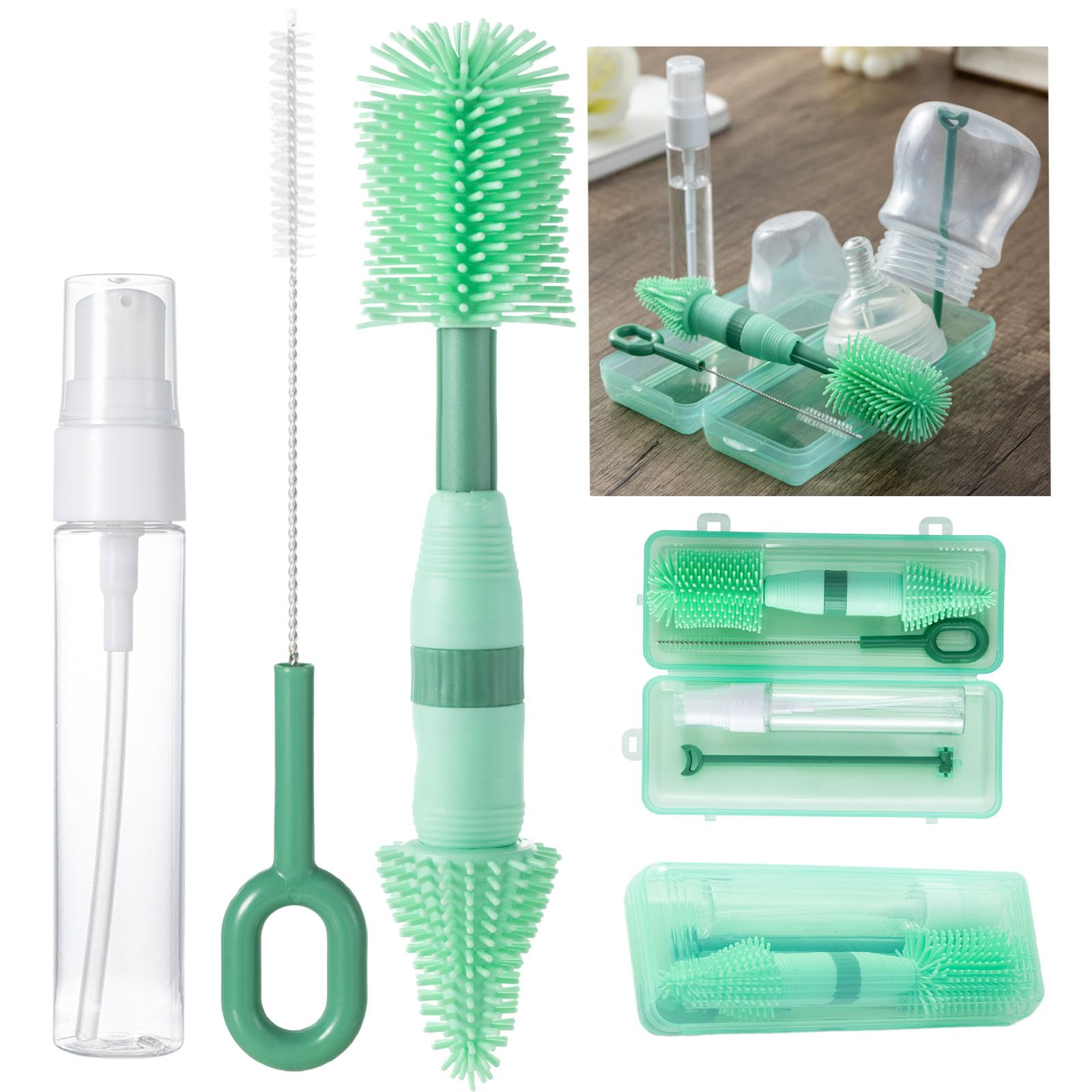 Anivona Travel Bottle Brush Set, Portable Silicone Baby Bottle Cleaning Kit with Extendable Teat Brush, Straw Cleaner & Washing-Up Liquid Dispenser, Compact Essentials for Holiday & Nappy Bag - Green
