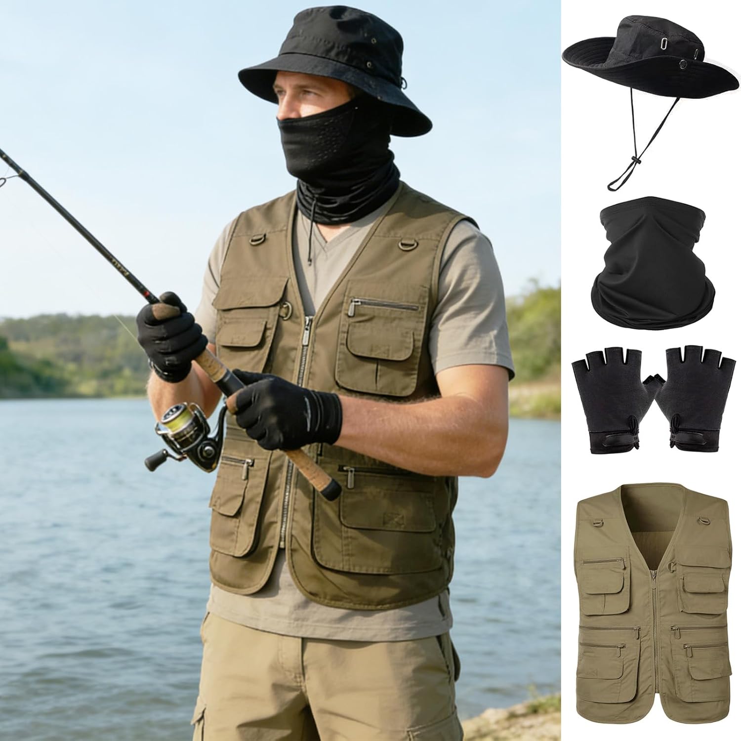 HUNTURE Fishing Vest,Pocket Travel Vest and Hat Gloves Neck Gaiter for Safari Hiking,Lightweight Work Cargo Vest for Men