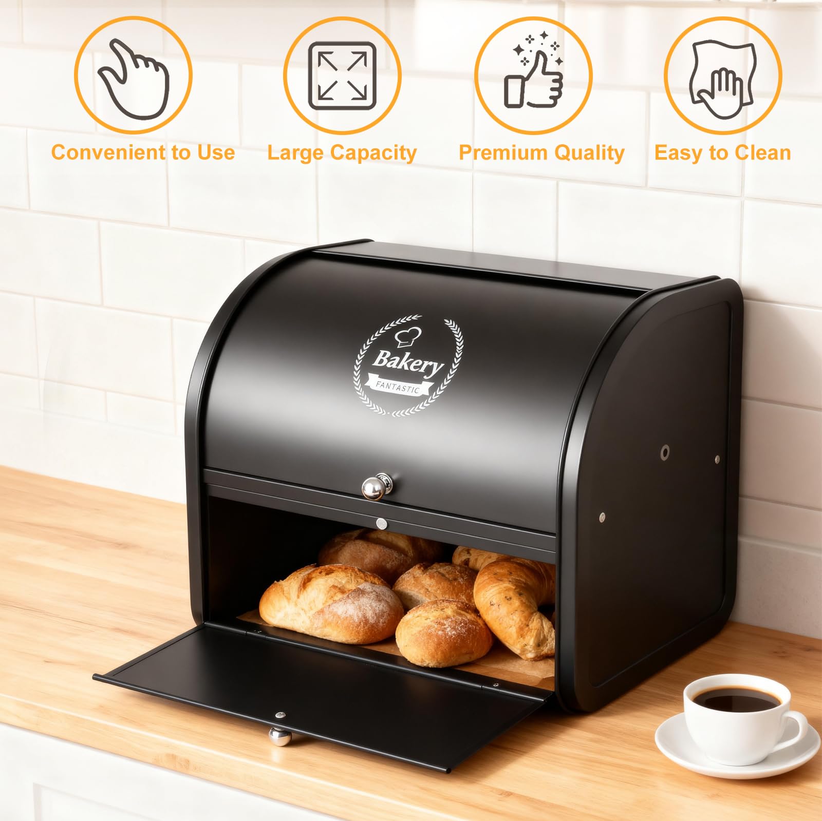 Panera, panera doble para cocina, panera grande con tapa enrollable | esquina | 2 niveles | negro | 35 x 25 x 33 cm