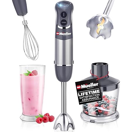 Mueller Austria Hand Blender, Smart Stick 800W, 12 Speed and Turbo Mode, 3-in-1, Heaviest Duty Copper Motor Immersion Blender, Titanium Steel Blades, Comfygrip Handle, Whisk, Beaker/Measuring Cup