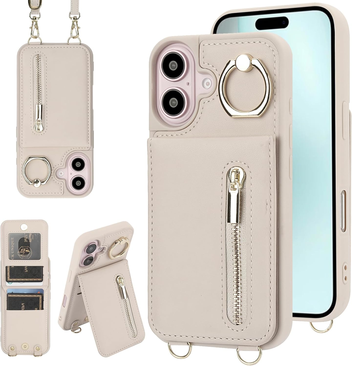 Crossbody Wallet Case for iPhone 17 with Lanyard Strap Card Slot Holder RFID Blocking 360° Ring Kickstand,Magnetic Flip Folio Zipper Purse Case, PU Leather Cover Handbag,Beige