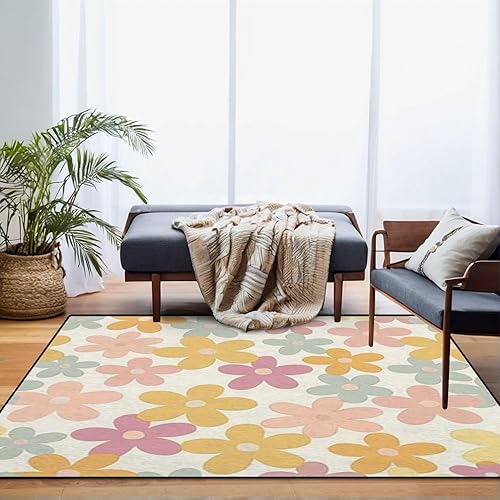 Miniatura 4 de Alfombra de área de estilo floral pastel de los años 70, diseño floral retro, alfombra de patio al aire libre, alfombra de juego moderna,