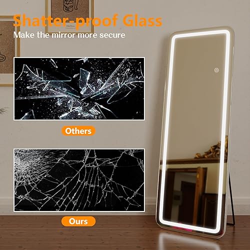 Miniatura 6 de Espejo de longitud completa de 64 x 21 pulgadas con luz LED, espejo de piso iluminado de cuerpo completo con atenuación e iluminación de 3 colores,