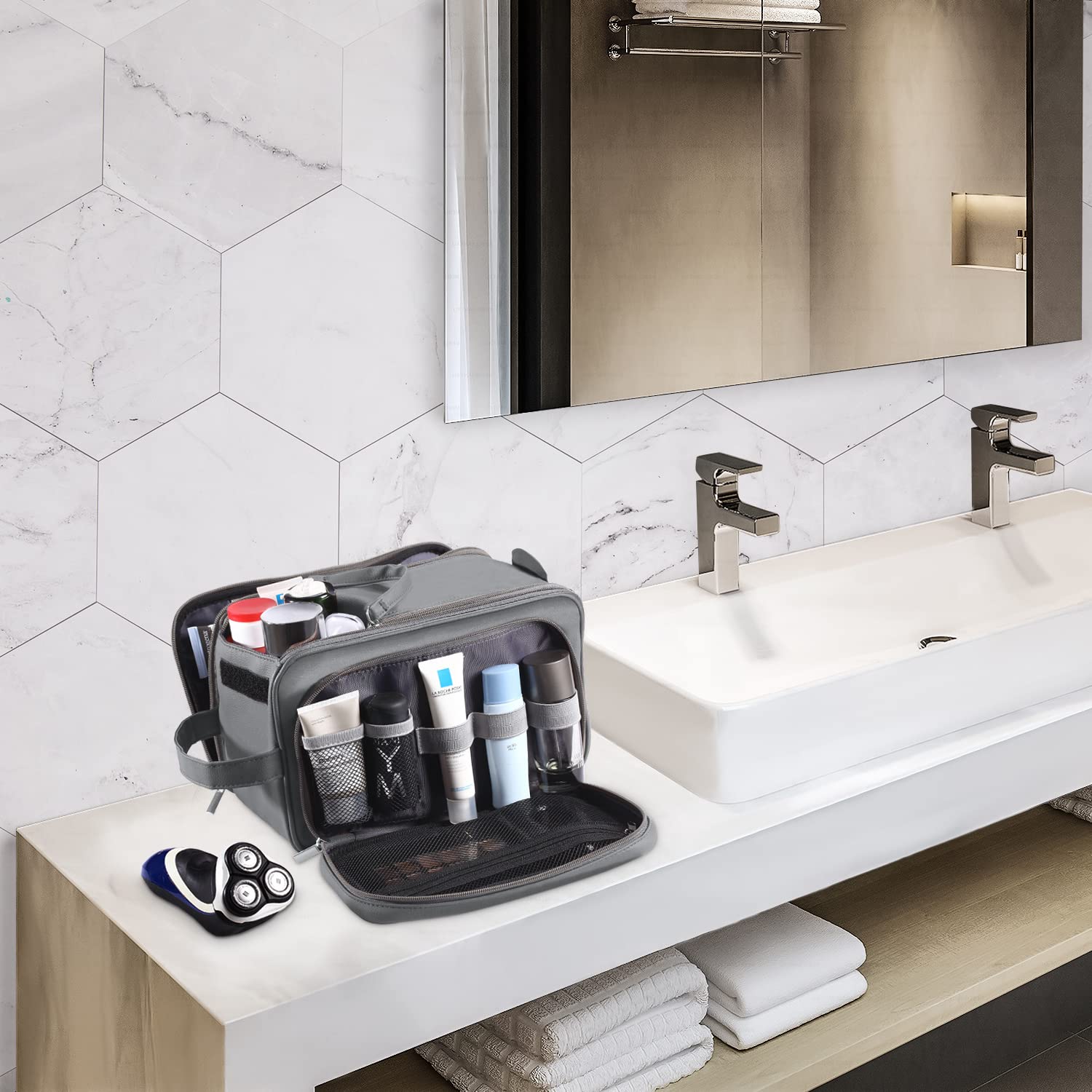 Neceser Grande para Hombre, Organizador de artículos de Aseo Personal, de Piel sintética, Resistente al Agua, Kit de Afeitado para Accesorios de Aseo Personal, Gris, XL, Neceser