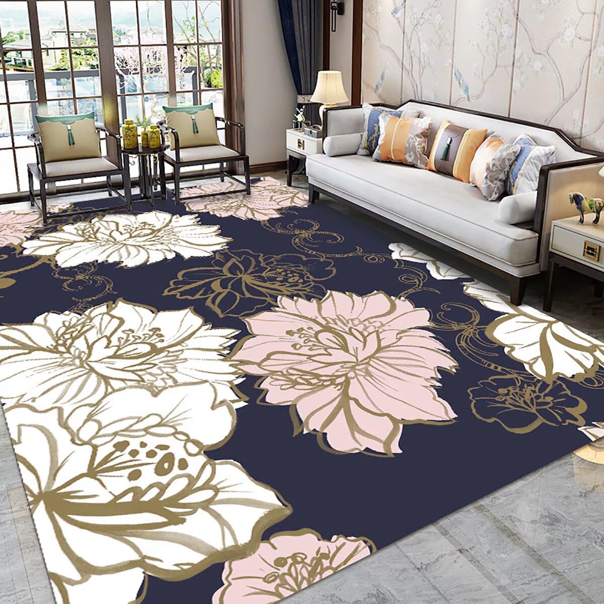 Qkjtyt Modern Floral Living Room Rugs Bohemian Flowers Abstract Area Rug Under Dining Table Stain Resistant Non-Slip Floor Mat Home Office Decor
