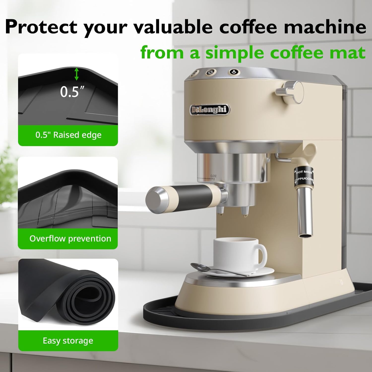 Silicone Coffee Mat,15.8"x 7.8"in Bar Mat for Countertop,Heat-Resistant,Non-Slip,Leak-Proof,Fit for Coffee Maker/Espresso Machine-Black - Image 4