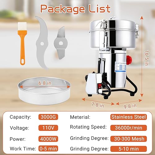 Miniatura 2 de BAOJIAFU Molinillo eléctrico de grano de 105.82oz de alta velocidad, molinillo de hierbas de grano de 4000 W, molinillo de polvo superfino de acero
