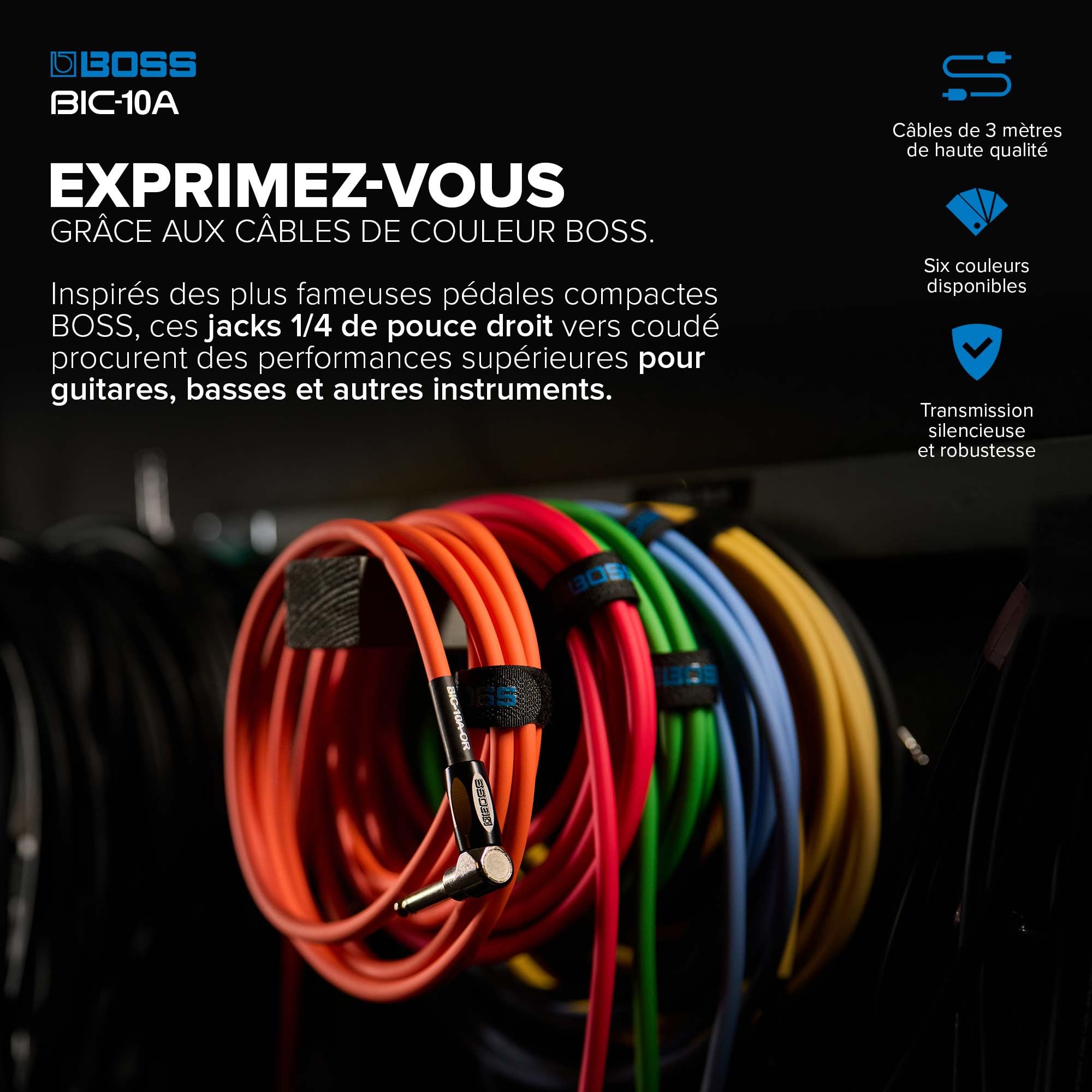BOSS Gamme BIC-10A Câbles d'instrument | Connecteurs jack 1/4 de pouce droit vers coudé | Longueur 3 m | Câbles de haute qualité pour guitare, basse et autres | Silencieux et robustes | Bleu