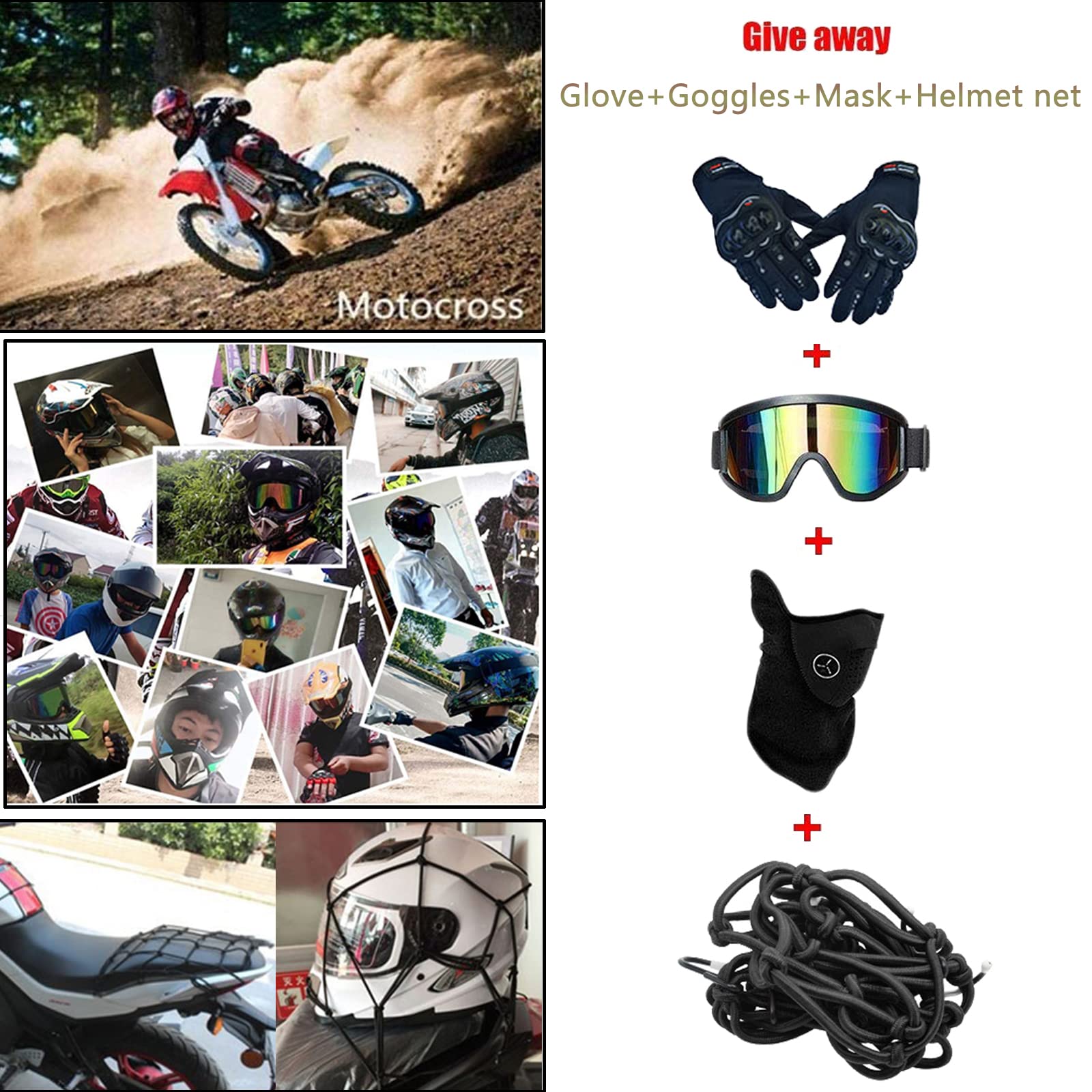 Casco Motocross Bambino Set, Casco da Cross, Casco Integrale da MTB Adulti E Bambini, Caschi Bicicletta Downhill MX Enduro con Occhiali Guanti Mask Rete Del Casco (S-XL, 52-59CM)