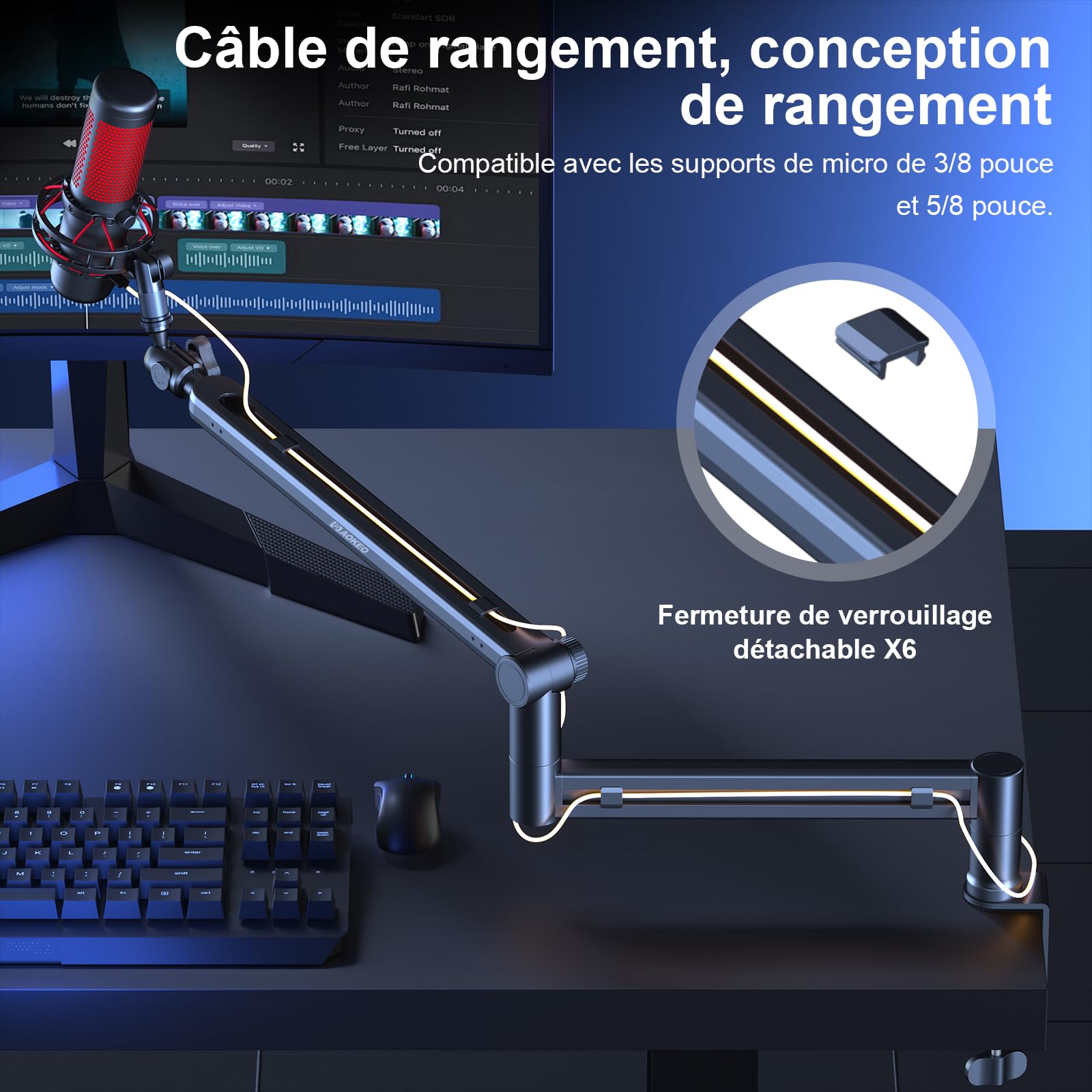 Bras Micro,Aokeo AK-58 Support Articulé de Bureau à Profil Bas pour Blue Yeti,Snowball iCE,HyperX QuadCast/SoloCast,Elgato Wave,etc