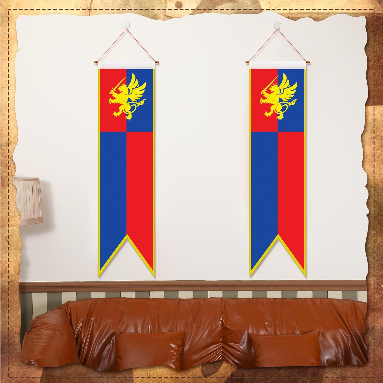 Oudain 4 ft Medieval Fantasy Pull-down Banner with Lion Design Hanging Party Bunting Banner Medieval Party Decorations Garden Cutouts Flag for Castle Theme Festival Birthday Decor(8 Pcs)