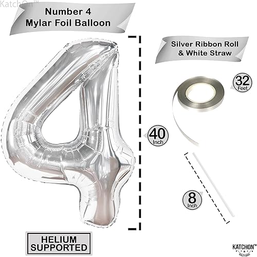 Miniatura 4 de Globos gigantes plateados del número 4 de 40 pulgadas, globos plateados del número 4, decoraciones de cumpleaños de 4 años, números de globo del