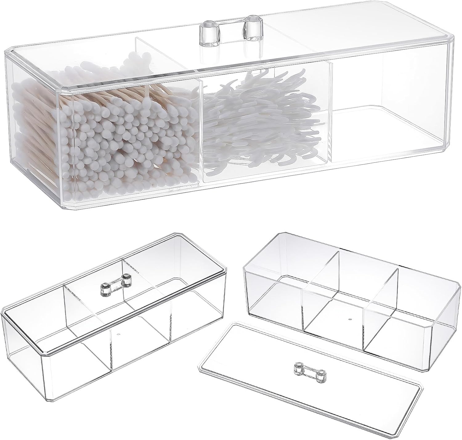 3 Pack Clear Acrylic Organizer with Lid, 3 Compartments Cotton Ball and Swab Holder Jar, Waterproof Bathroom Storage Containers for Vanity, Makeup Pads, Cosmetics, 8.94x3.54x2.56 Inch