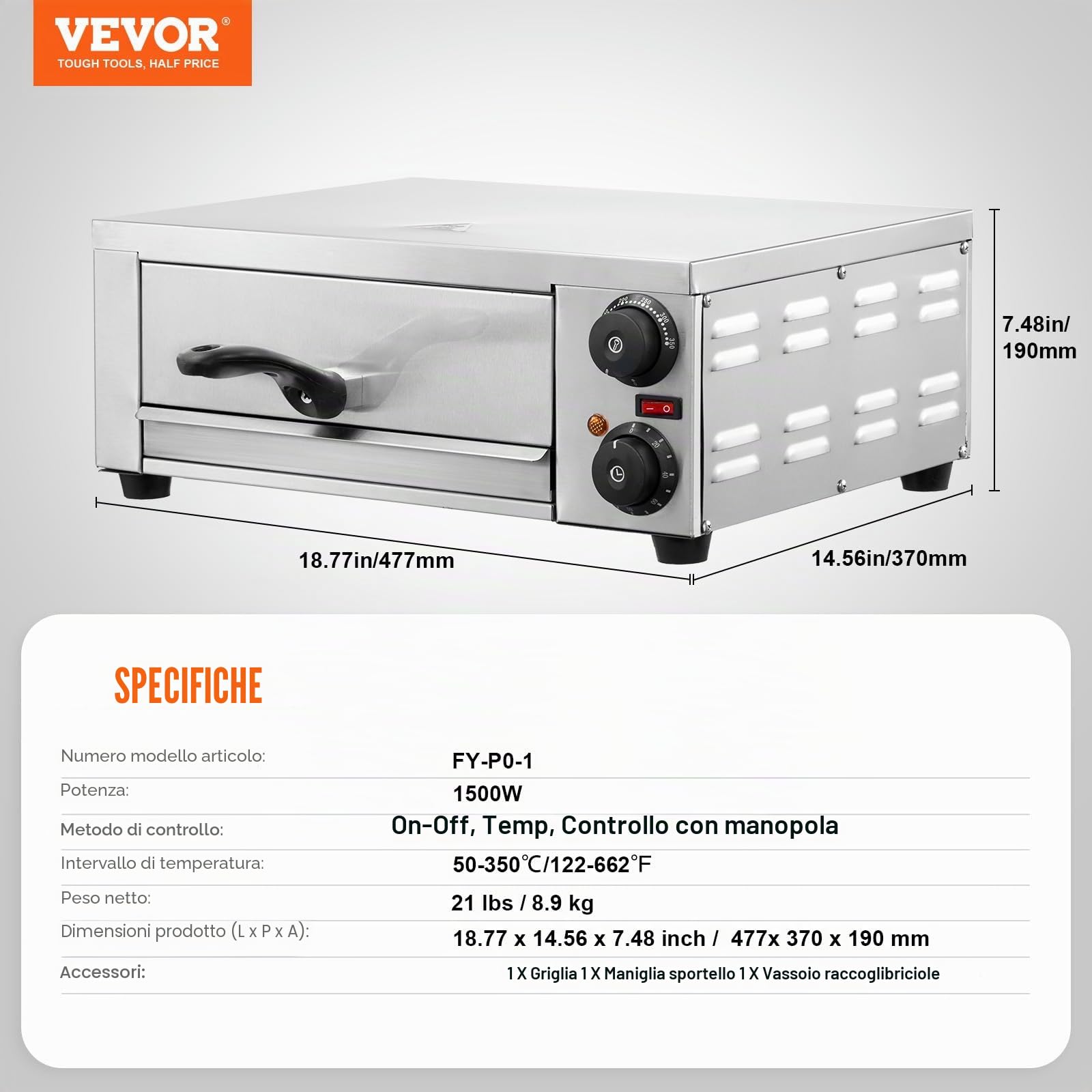 VEVOR Forno Elettrico per Pizza da Banco Pizza da 12 Pollici 1500 W Temperatura Controllata Timer da 0-120 Minuti, Cottura Uniforme Vassoio Briciole Facile da Pulire per Cucine Commerciali Domestiche