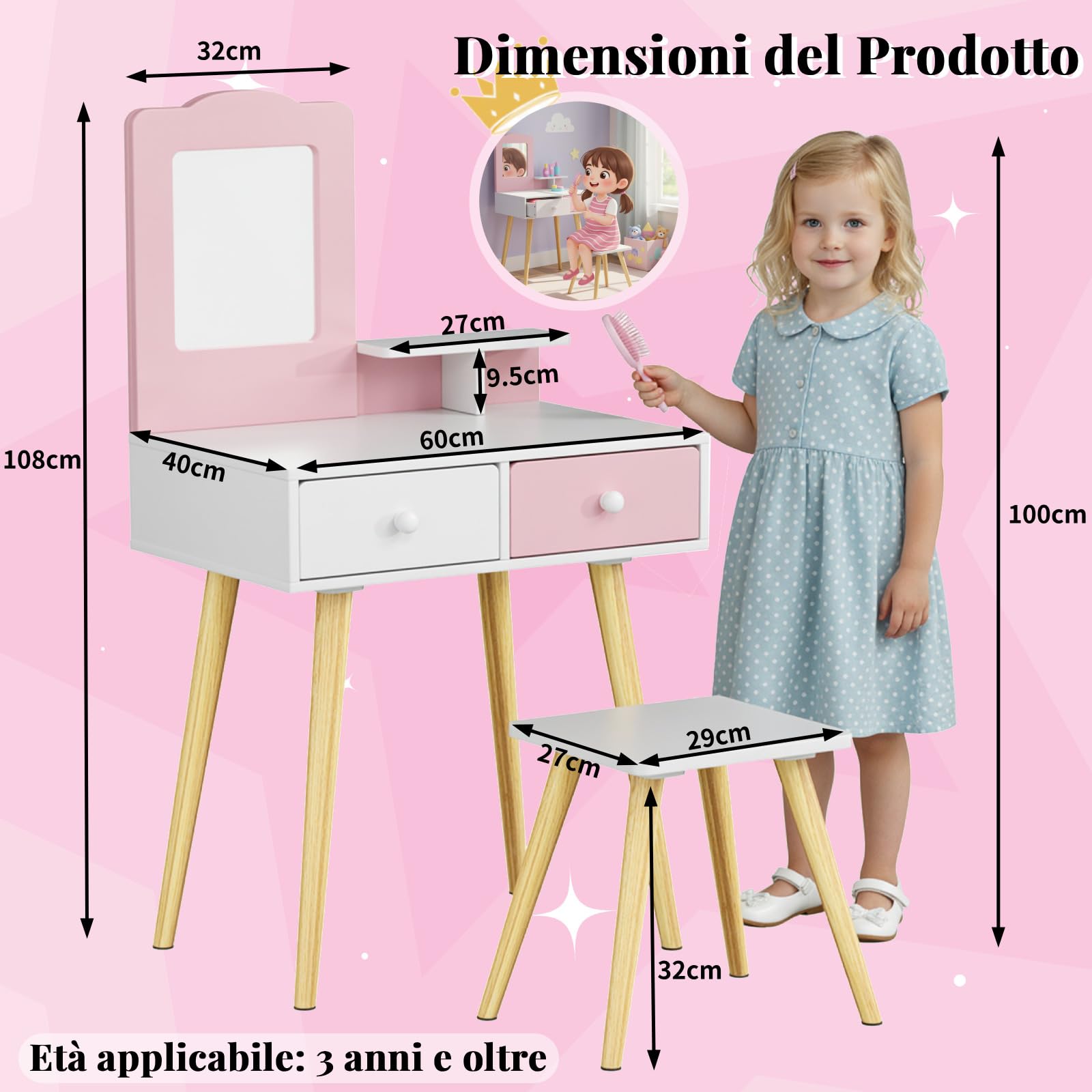 Clevich 2 in 1 Toeletta Trucco Bambina, Toeletta per Bambini con Specchio, 2 Cassetti, Scrivania in Legno con Sgabello, Robusto e Durevole, per Bambini dai 3-8 Anni, Rosa