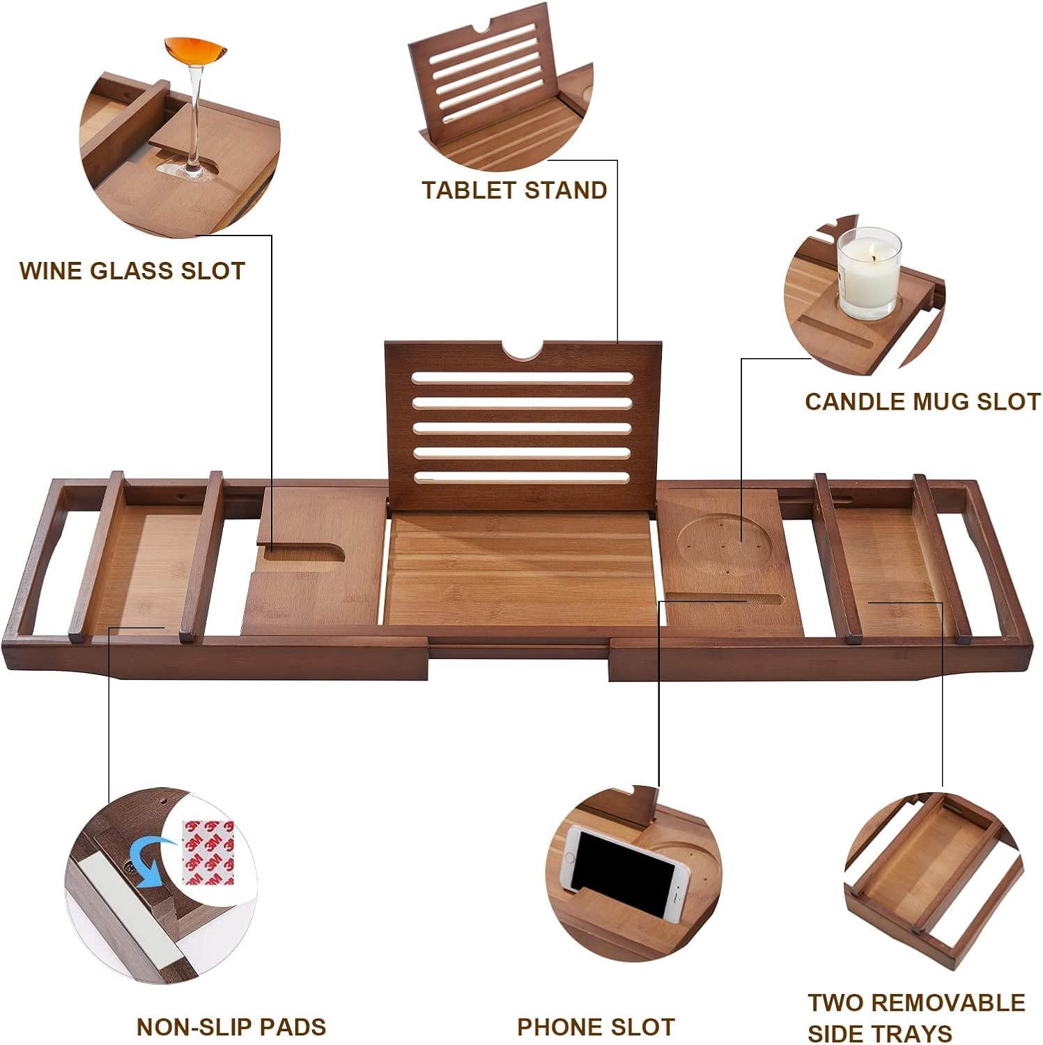 Headley Tools Bathtub Tray, Bamboo Bathtub Caddy with Expandable Handles Wine Glass Phone Holder Book Stand for Bathroom Luxury Bathtub Accessories Unique Gift Idea (Brown)