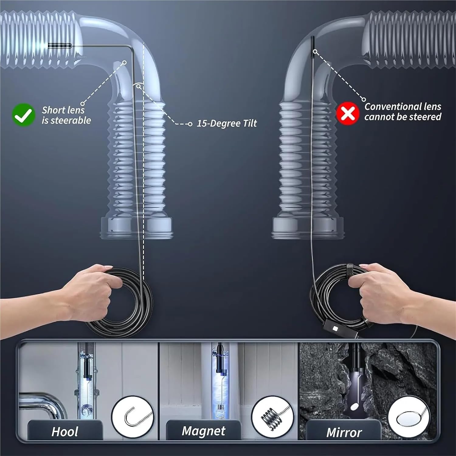 Industrial Endoscope Camera 8mm HD1080P 4.3inch IPS Screen 1080P Pipe Inspection Camera for Car Repair IP67 Waterproof 8 LED(C30-8mm-1m Single)