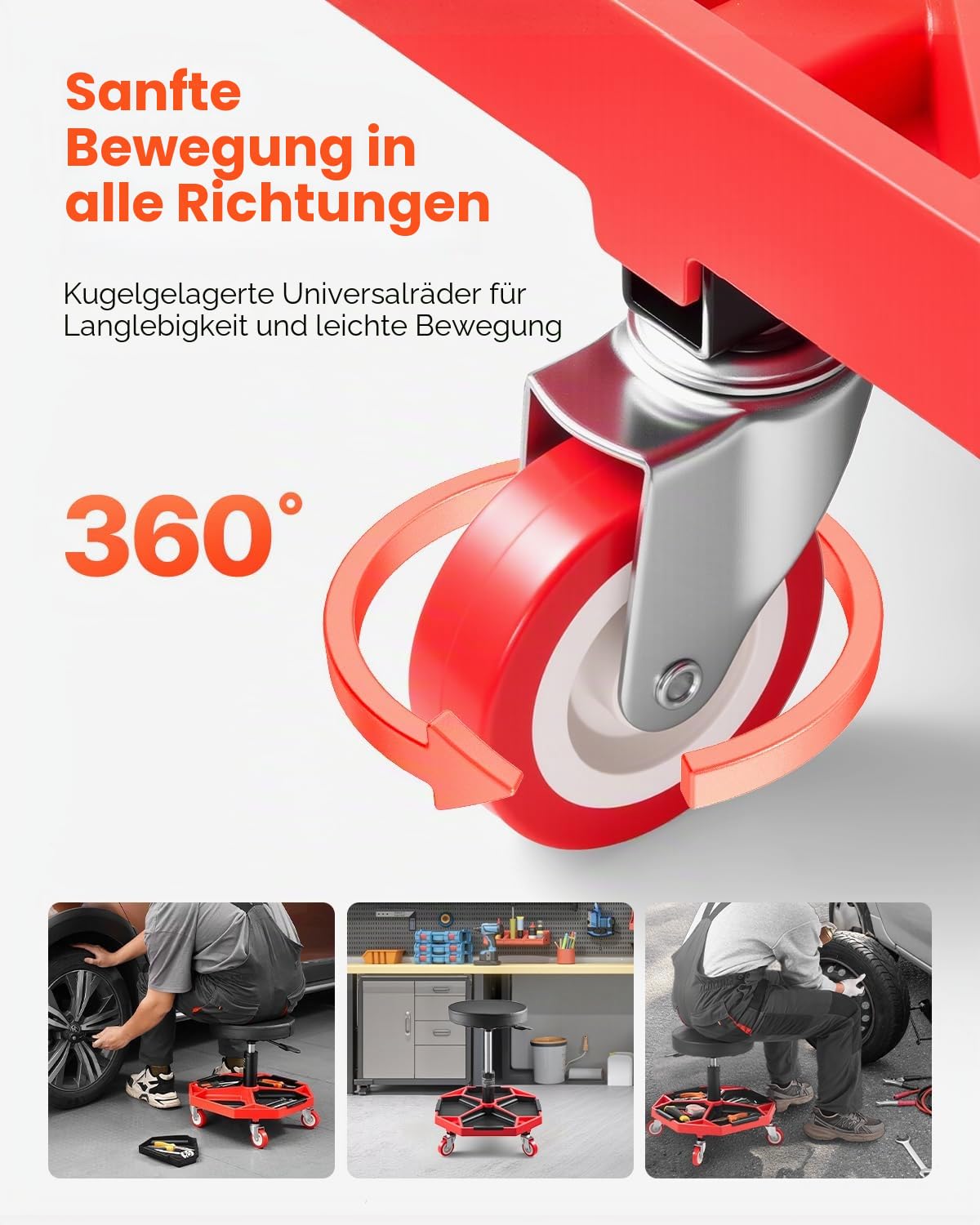VEVOR Rollbarer Werkstatthocker Werkstattsitz (136 kg Tragkraft) Garagensitz Arbeitshocker, höhenverstellbar (420–550 mm), Rollsitz mit Werkzeugablage für Garage Werkstatt Autoreparatur, Schwarz+Rot