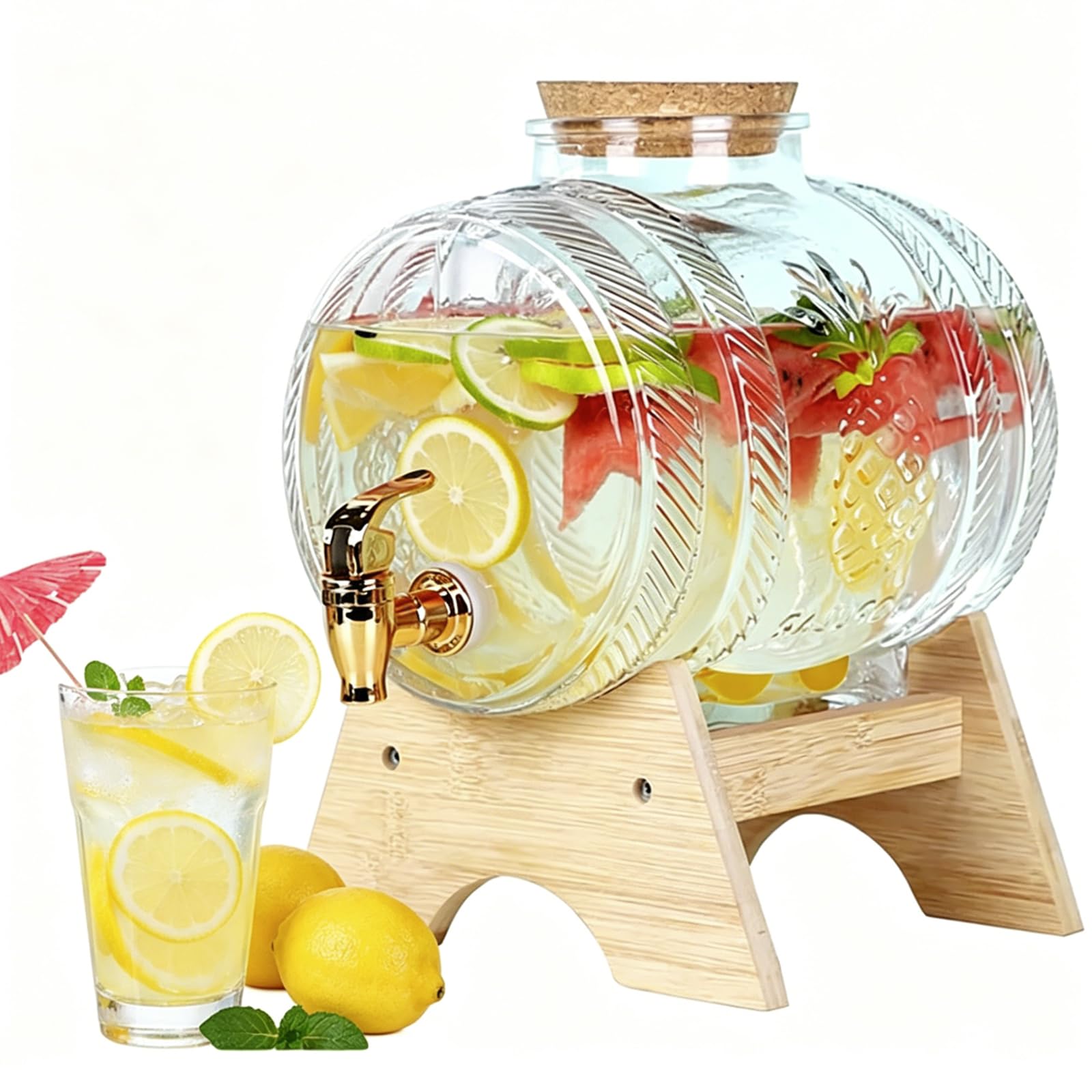 Dozownik wody ze szkła 1L/3L/5L z kranikiem, stojakiem i korkowymi nakrętkami, 100% szczelny dozownik lemoniady, przezroczyste szklane słoiki do biura, na kemping, soki i napoje 1L