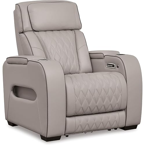 Signature Design by Ashley Boyington Contemporary Leather Match Power Recliner with Adjustable Headrest, Cup Holders, USB Port and Air Massage System, Light Gray