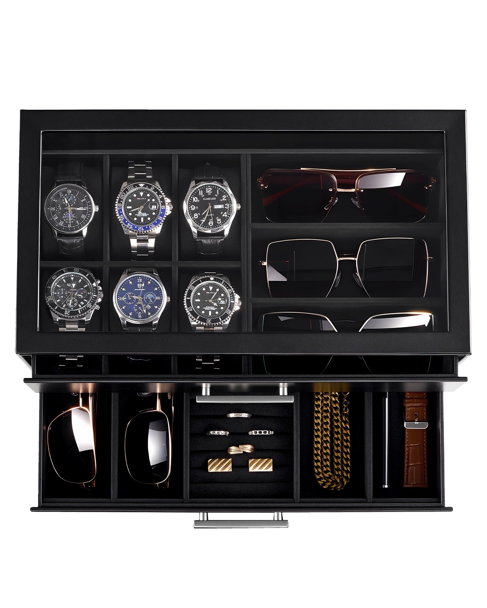 ProCase Caja para Relojes, Estuche para Relojes, Organizador de Joyas para Hombre, Almacenamiento de Joyas con Tapa de Cristal Transparente, 2 Niveles, Almacenamiento para Relojes, Gafas -Negro