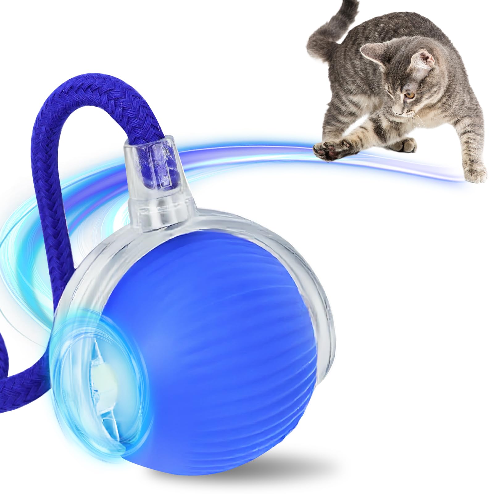 JOVIA Smart Interactive Cat Ball Toy, 360°Automatic Rolling Cat Ball Toy, USB Rechargeable, with Tail and Automatic Movement, Suitable for Indoor Kittens and Adult Cats, Three Modes (Blue)