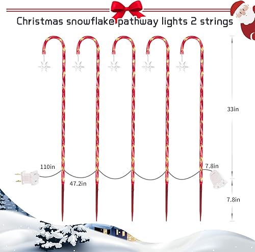 Miniatura 4 de XMASLAND 10 luces LED de 33 pulgadas con 160 luces LED de bastón de caramelo de Navidad con estacas y copo de nieve, luces de marcador de camino de