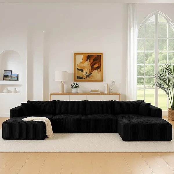 Memory Foam Boneless Sofa in a Box, Modular Sectional Sofa Cloud Couch, U Shaped Corduroy Compression Sofa with Chaise, Fluffy Comfy Sectional for Living Room, No Assembly Required, Black