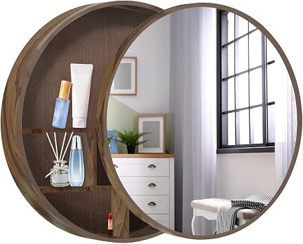 Bathroom Wall Cabinet with Storage, Bathroom Medicine Cabinet | Solid Wood Mirrored Cabinets with Mirror, Round Sliding Door Mirror Cabinet for Bathroom, Living Room Decoration