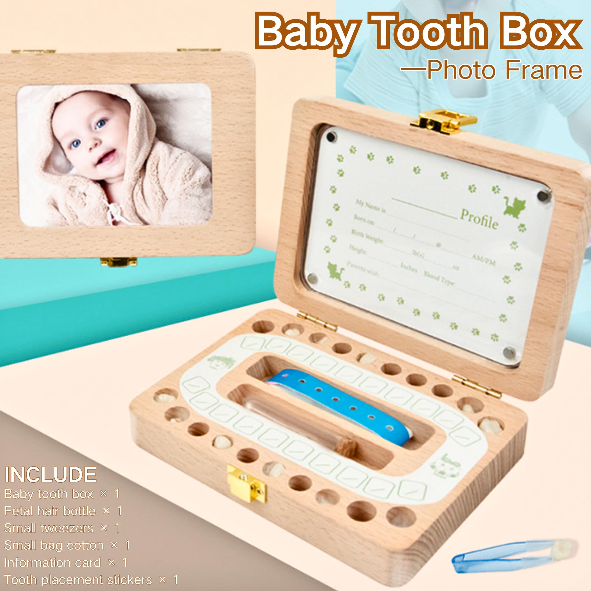 SUQ Baby Tooth Fairy Box Marco de Fotos, Caja de Almacenamiento de Dientes para Niños, Caja de Dientes de Leche para Hombres y Mujeres, Regalo de Nacimiento, Bautismo, Traje de Cumpleaños