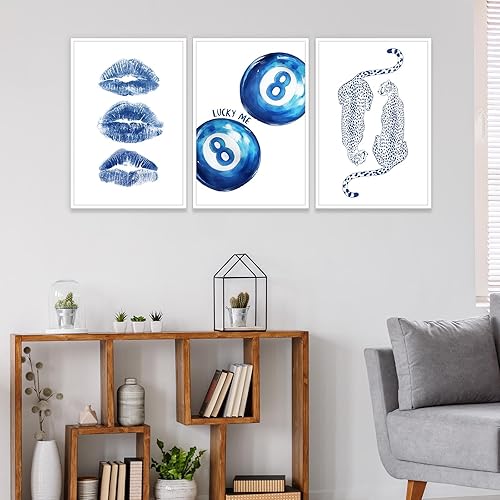 Miniatura 2 de Juego de 3 pósteres de pared de leopardo de moda azul marino, 8 pósteres de bolas Lucky You, decoración divertida de guepardo, lienzo retro con