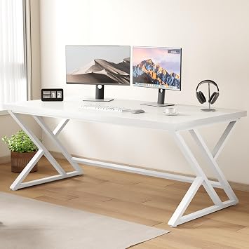 LVB Computer Table Long Industrial Home Office Desk for Student Large Metal Writing Study Work Desk Farmhouse Executive Gaming Computer Table for Bedroom Living Room White