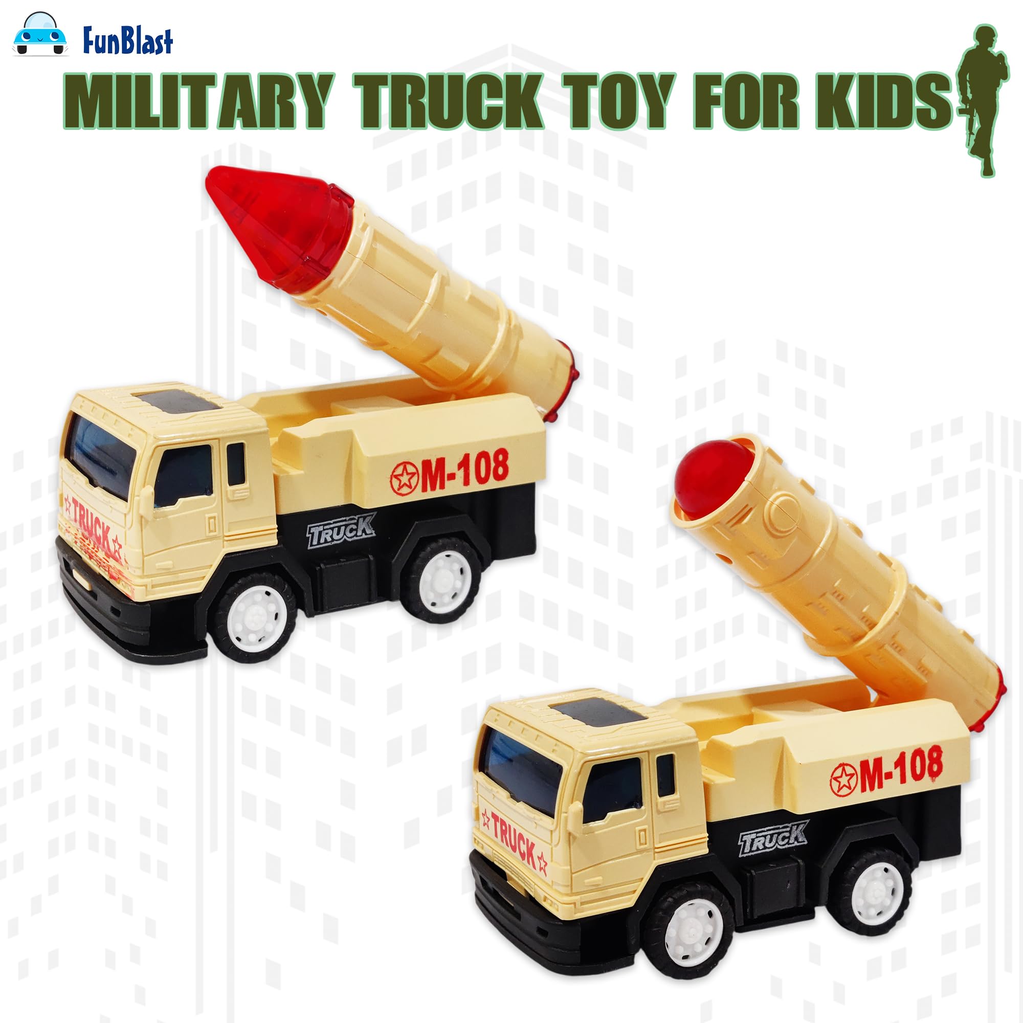 FunBlast Military Truck Toy - Missile Launcher Toys for Kids, Friction Power Army Battlefield Truck Toys for 3+ Year Old Kids, Pretend Play Toy for Kids, Boys (Beige) 4