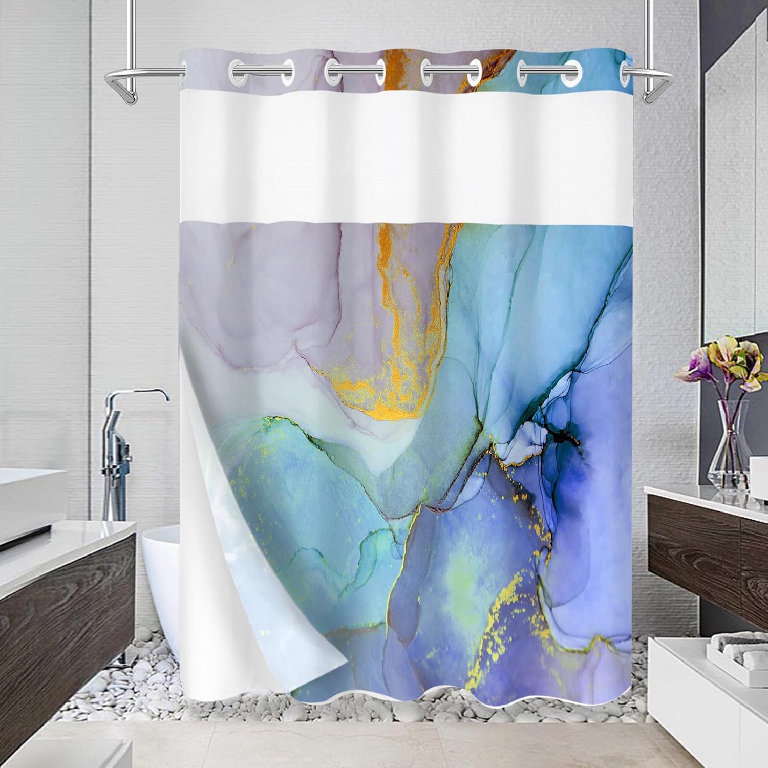 Gibelle Extra Long No Hook Marble Shower Curtain with Snap-in Fabric Liner Set - 72" x 86"(84"), Hotel Style with See Through Top Window, Waterproof & Washable, Blue Purple