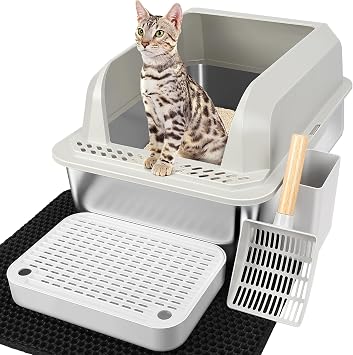 XL Stainless Steel Litter Box, Non Stick, No Smell, Easy to Clean, High Side Prevent Pee Out, Footstep, Litter Mat & Litter Scoop Included