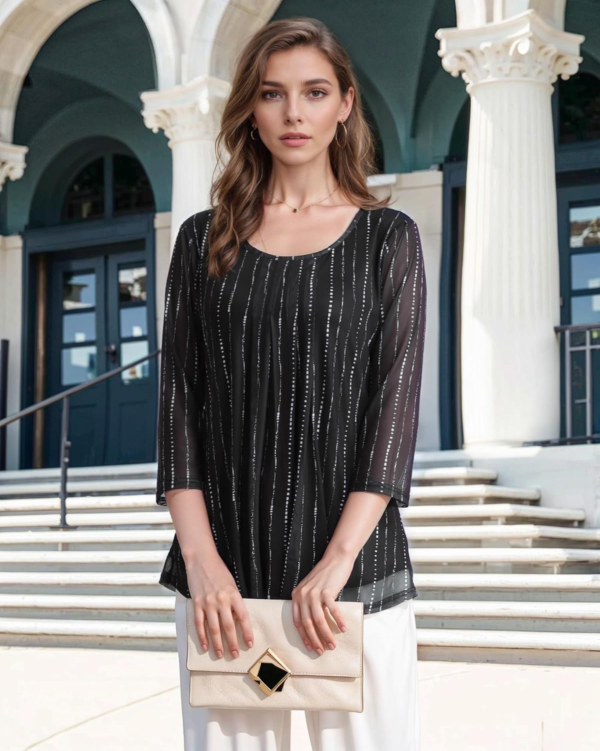 VALOLIA Women's 3/4 Sleeve Tunic Tops Casual Loose Fit Floral Blouses Mesh Pleated Layered Shirt - Image 3