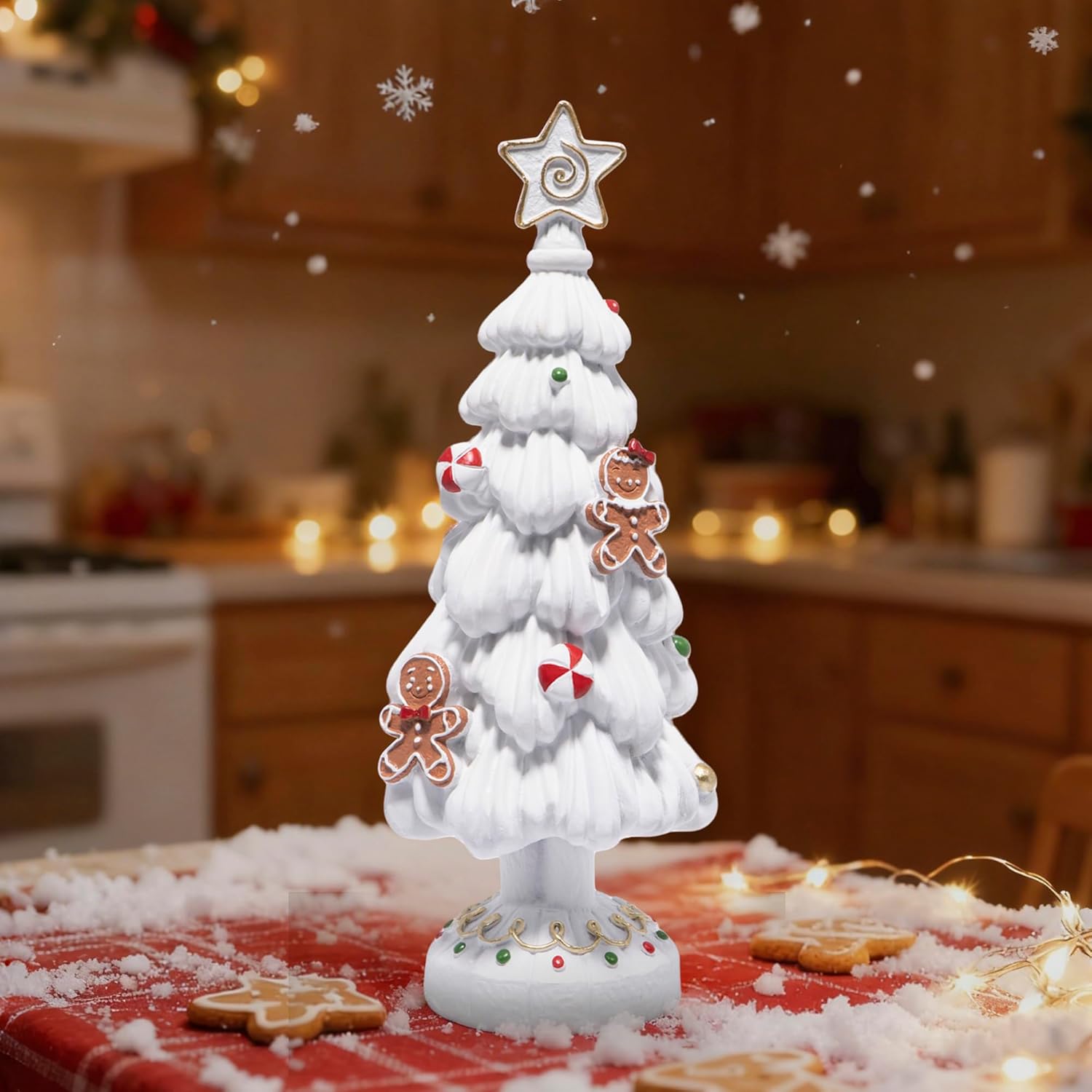 Hodao Christmas Tree Resin Figurine – White Hand-Painted Gingerbread Tree with Candy Ornaments, Holiday Tabletop Décor, Gift for Family, Mantel, and Winter Home Decoration - Image 2