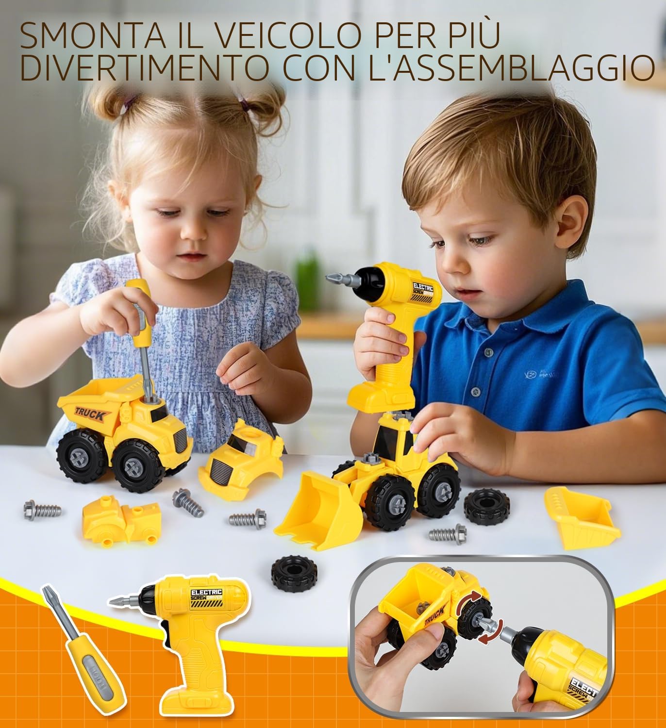 Lehoo Castle Banco da Lavoro per Bambini, Set di Attrezzi con Trapano e Veicolo, Cassetta Degli Attrezzi e Banco Degli attrezzi 2in1,Giocattolo per l'apprendimento STEM per Bambini 2 3 Anni