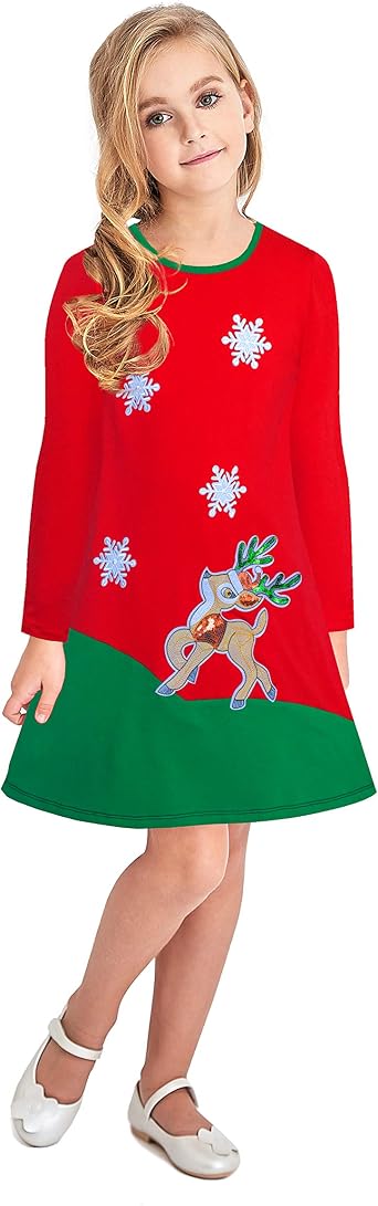 Sunny Fashion Girls Dress Long Sleeve Christmas Reindeer Snow Holiday Party