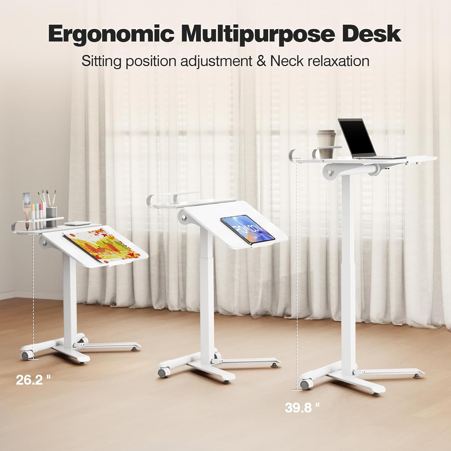 ROMOON Small Standing Desk with Wheels, Rolling Sit-Stand Laptop Cart with Cup Holder & Storage Shelf, Space-Saving Workstation for Home Office and Small Space (White)