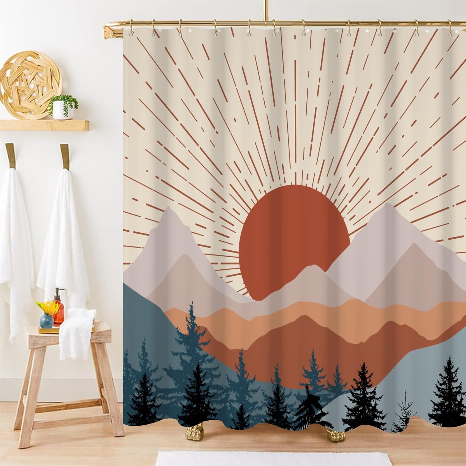 Mid Century Shower Curtain, Boho Sunrise Shower Curtain for Bathroom Waterproof Abstract Terracotta Mountain and Forest Bathroom Curtain Set with Hooks, 72x78 Inch