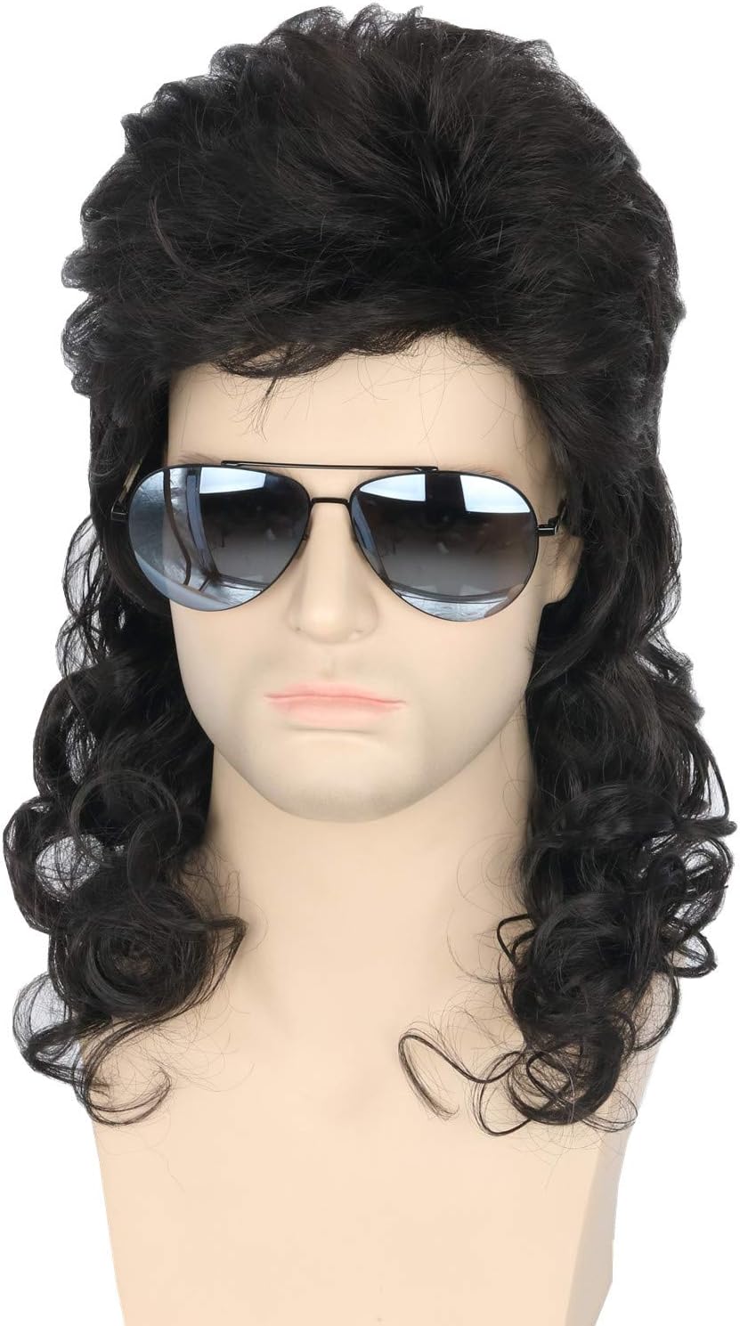 Men's 80s Mullet Wig - Black Curly Male Wig for Halloween Costumes, Punk Rocker Style