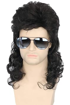 Topcosplay Mens 80s Mullet Wig - Black Curly Male Wig for Halloween Costumes, Punk Rocker Style