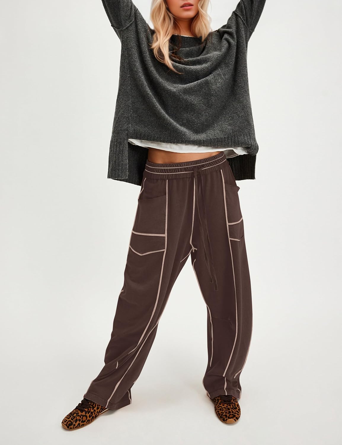 Wide Leg Barrel Sweatpants for Women Baggy Palazzo Pants Drawstring High Waist Color Block Lounge Sweat Pant - Image 2