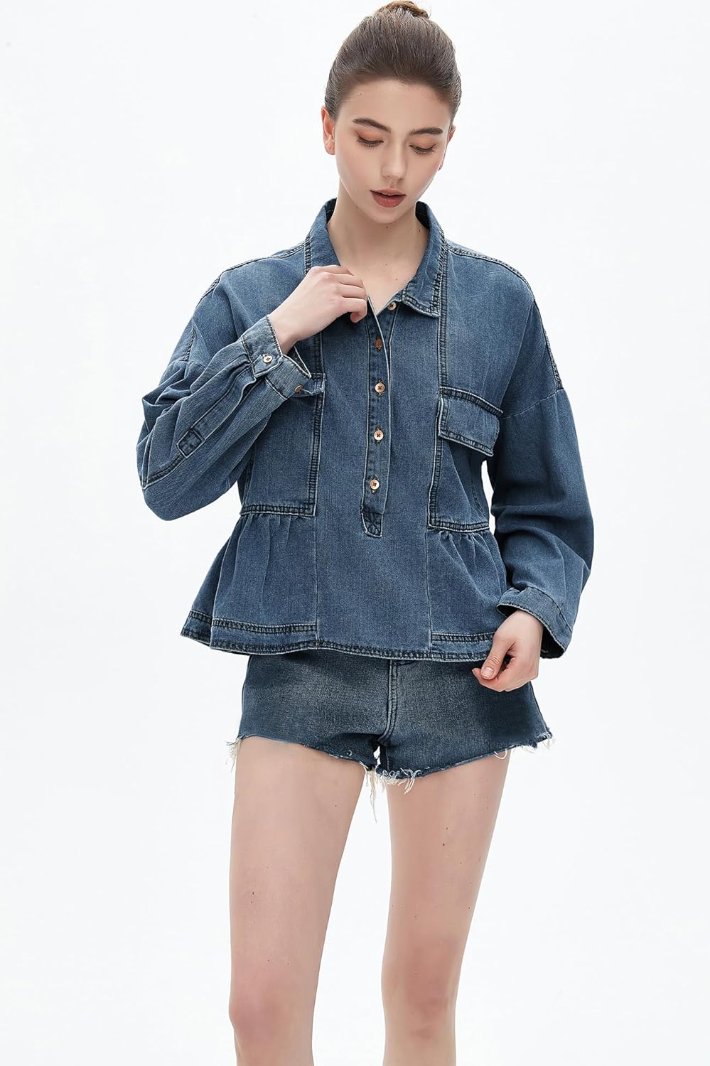 D-Sun Women's Denim Cropped Top Babydoll Long Sleeve V Neck Pullover Button Down Blouses Top - Image 6