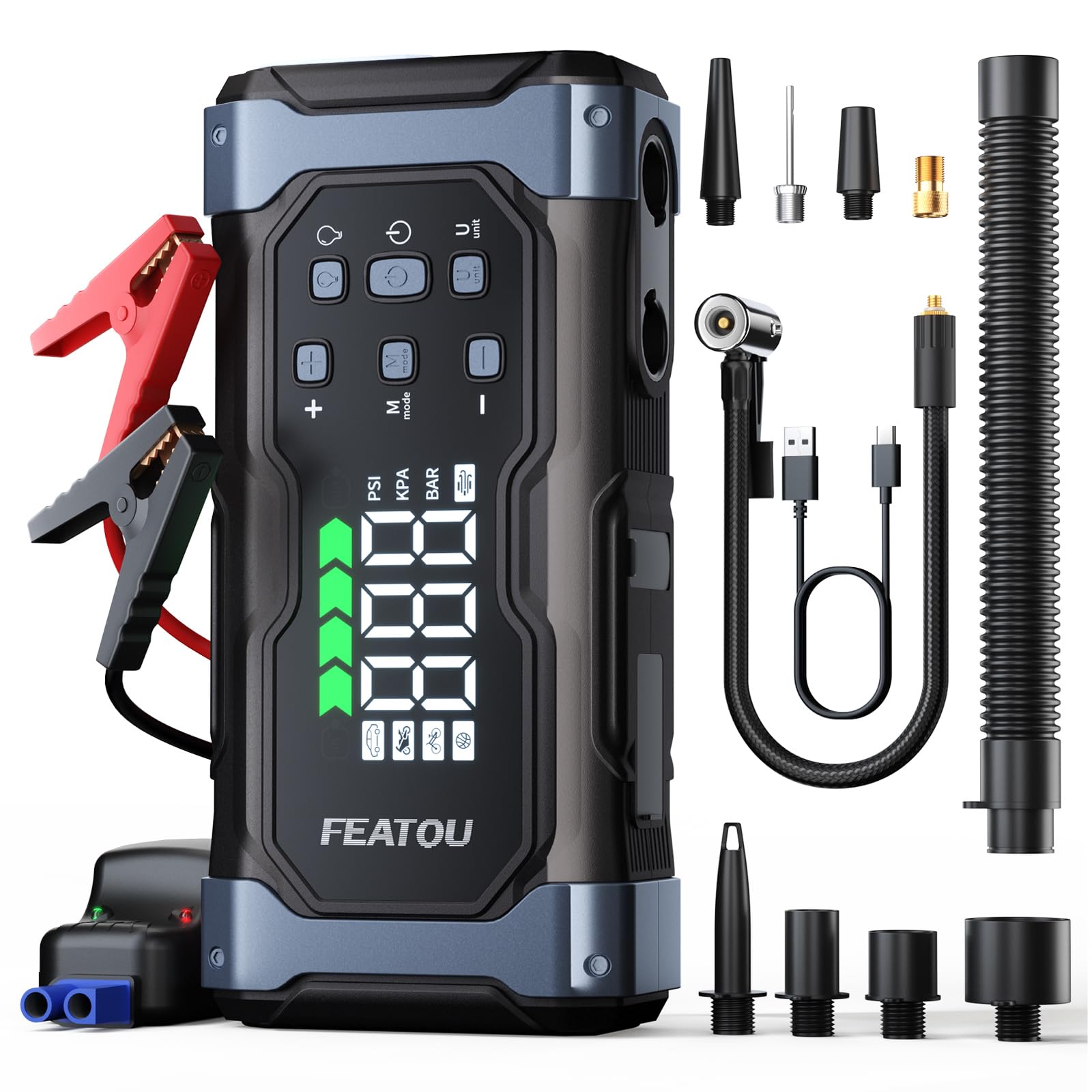 High-Power 9000A Battery Jumper Starter Portable with Air Compressor/Tire Inflator, 12V Jump Box for Car Battery (All Gas/14L Diesel), 9 in 1 Portable Power Pack (74Wh, Fast Charge, Smart Clamp, LCD)