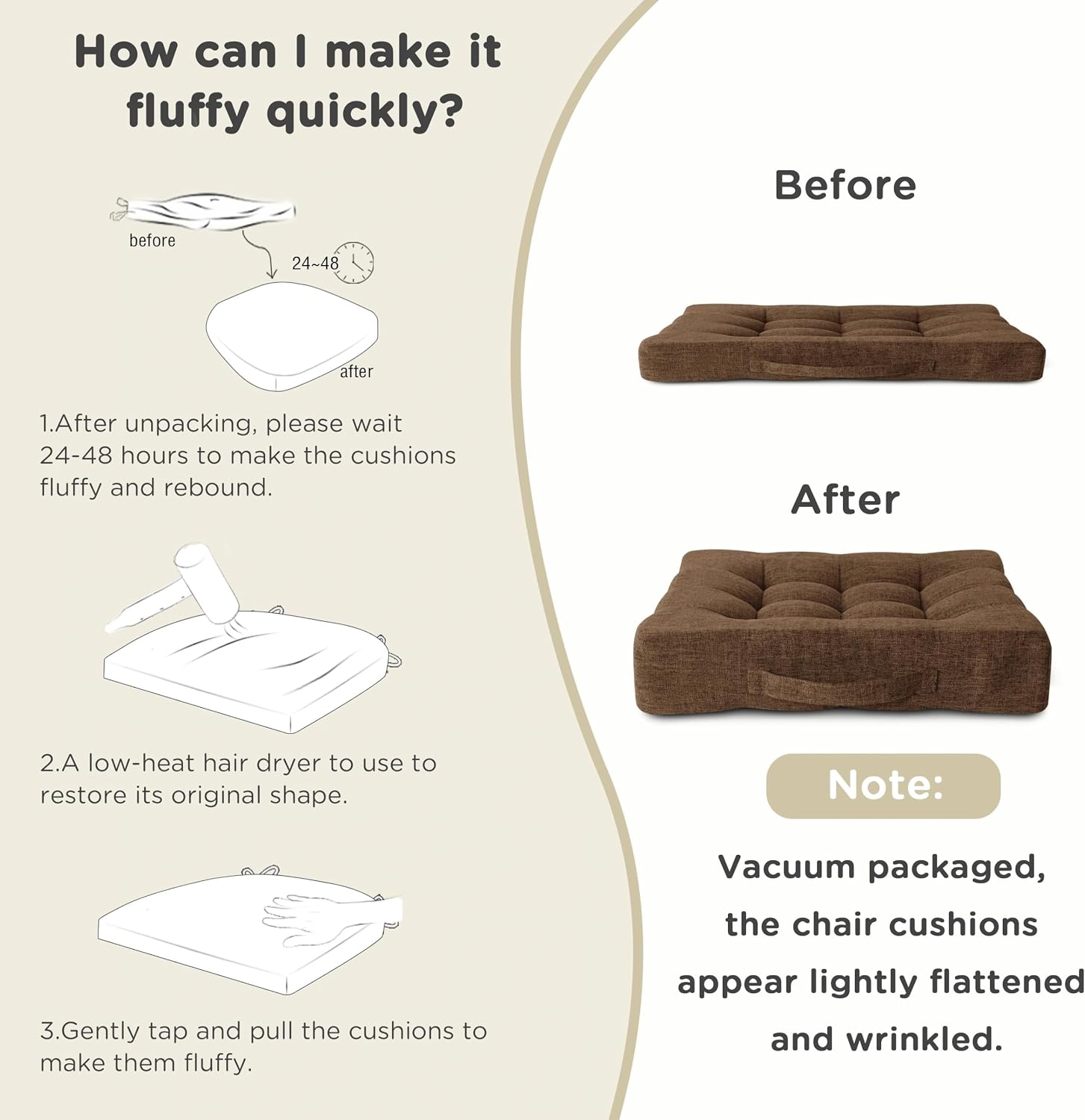 AddGrace Recliner Cushions for Elderly with Handle 20"x20"x4" Brown