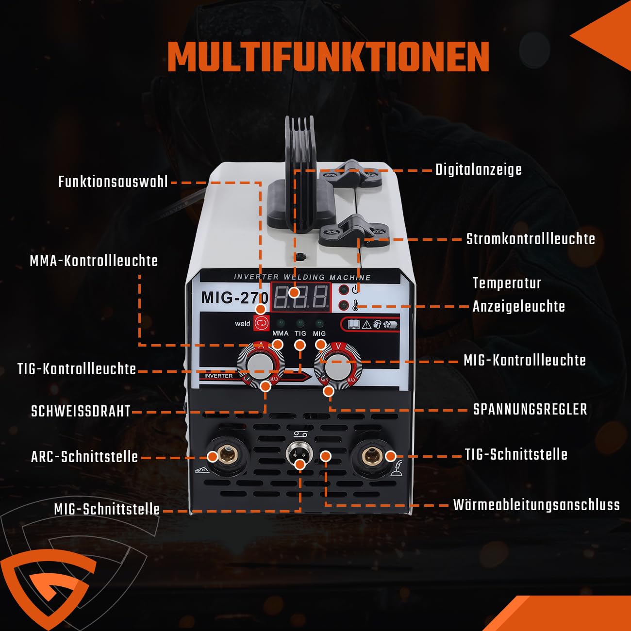 Spawarka MIG/MMA/TIG 3 w 1, 220 V, 270 A, IGBT inwerterowa spawarka spawalnicza bez gazu ze wskaźnikiem LED, do zastosowania pręt spawalniczy 1,6-3,2 mm, prędkość drutu 2,2-12 m/min, IP21S przenośna