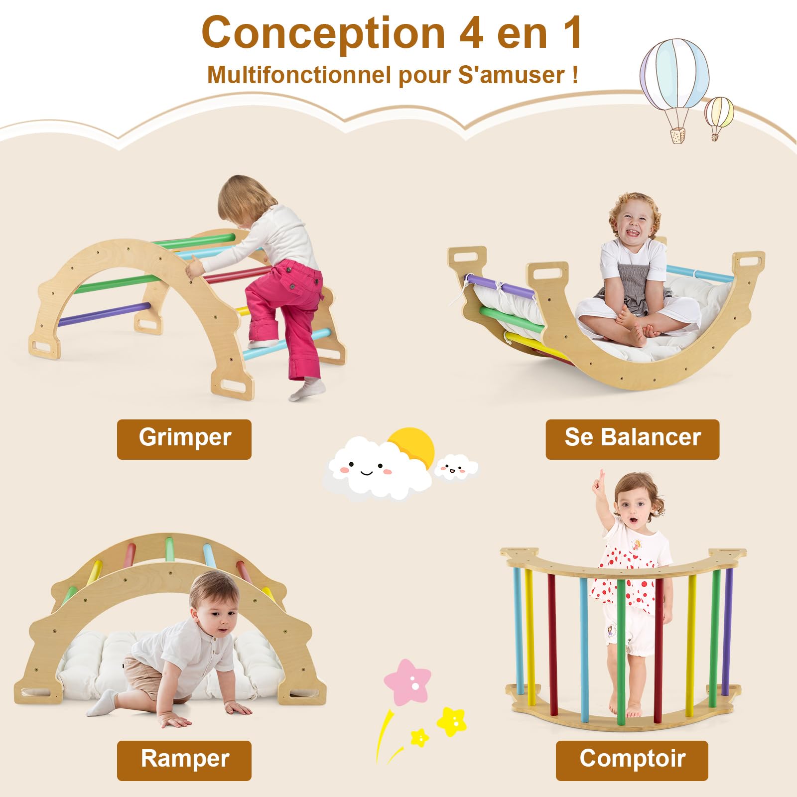 GOPLUS 2 en 1 Arco de Escalada Infantil de Madera, Basculante Con Cojín Suave, Montessori de Juego de Equilibrio de Entrenamiento, Carga 50 kg, Para 1 Año+ (Colorido)